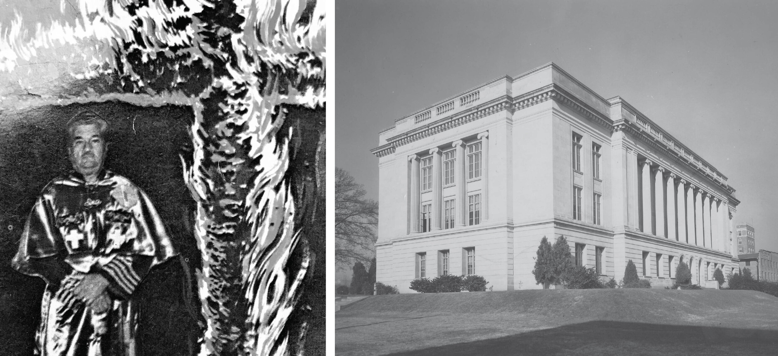 Left: Robert Fuller in Klan regalia. “Ten Years of Leadership in the Original Ku Klux Klan of America, Inc.," a book published in 1972 by Robert Fuller and Jack Barnes. Right: The Ouachita Parish Courthouse, where the grand jury met in the Robert Fuller case, pictured before a renovation in 1969. Courtesy of State Library of Louisiana